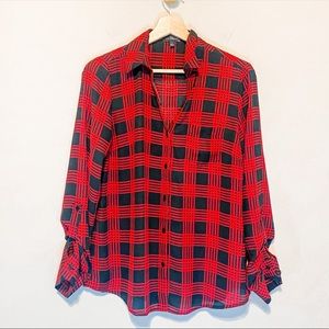 The Limited Red and Black Plaid Button Down Long Sleeve Roll Tab Blouse small